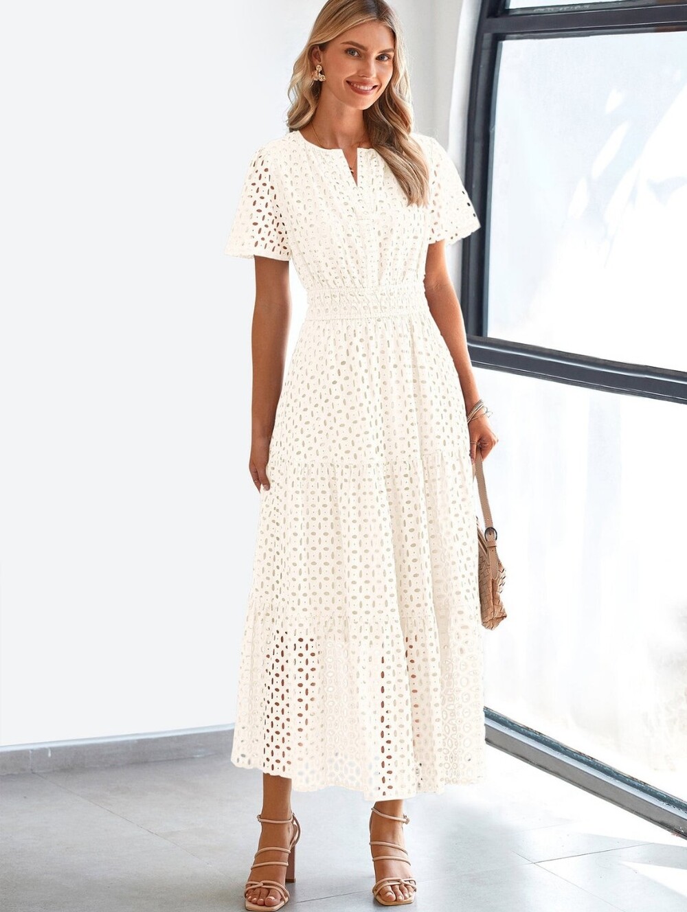 Pretty Garden NWT Maxi Dress Short Sleeve V Neck Eyelet A Line Long sz LARGE